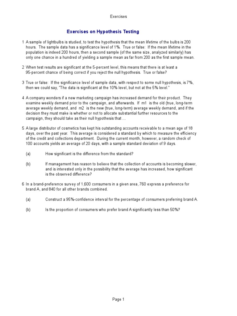 Hypothesis Testing Exercises PDF Statistical Significance Type I