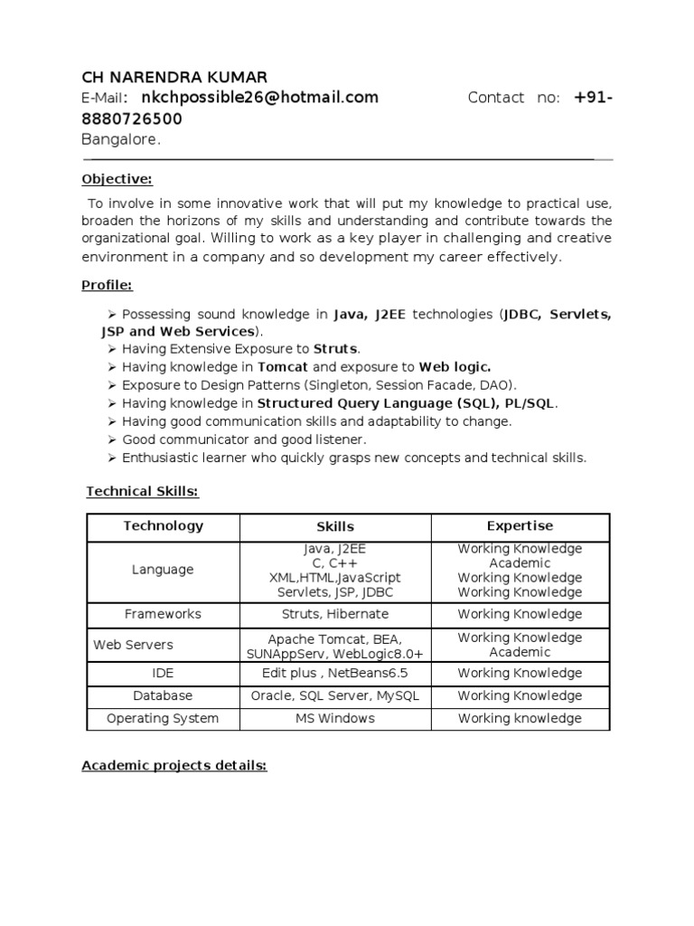 Narendra Fresher Resume | Java Server Pages | Sql