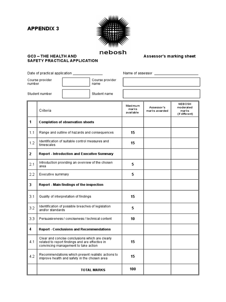Appendix 3: Gc3 - The Health and Assessor's Marking Sheet Safety ...