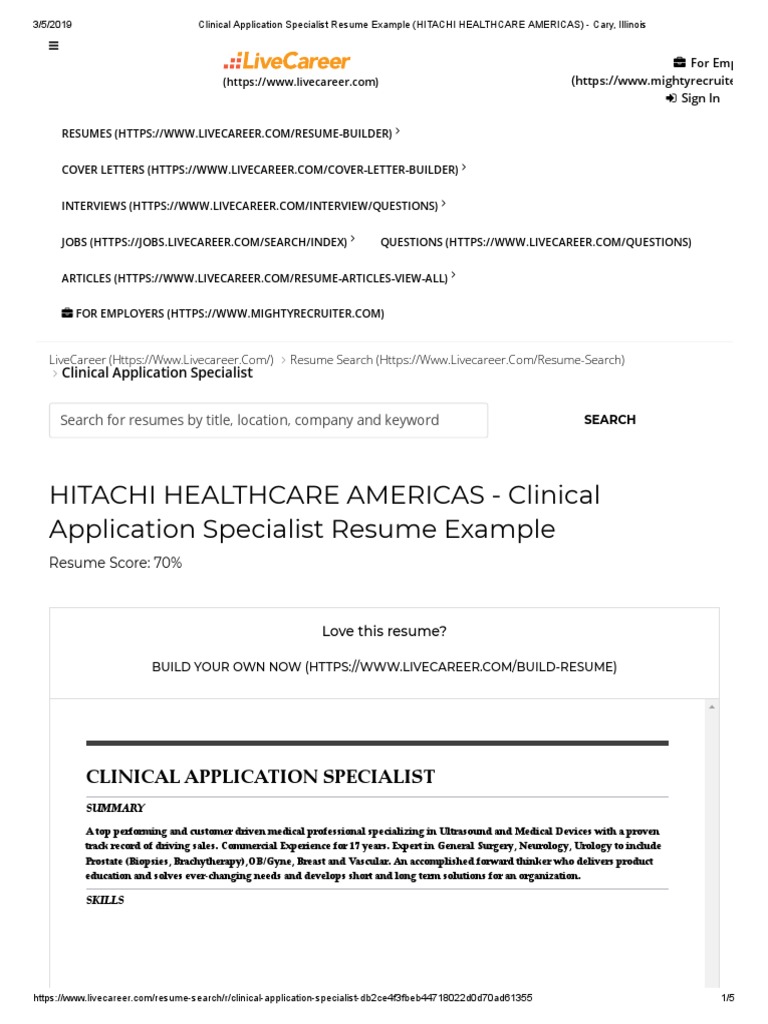 G1 Clinical Application Specialist Resume Example (HITACHI HEALTHCARE