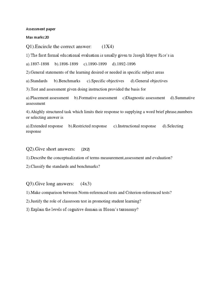 Q1 encircle the correct answer 1x4 assessment paper max marks 20
