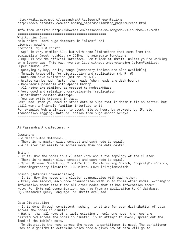 Cassandra Notes | PDF | Apache Hadoop | Databases