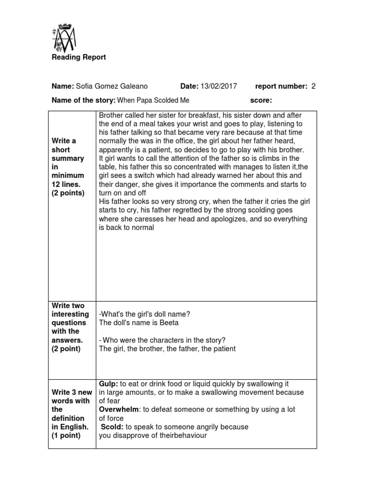 Reading Report: When Papa Scolded Me | PDF