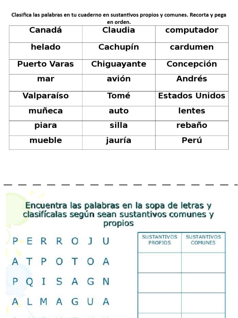Sopa de letras: sustantivos comunes y propios | PDF
