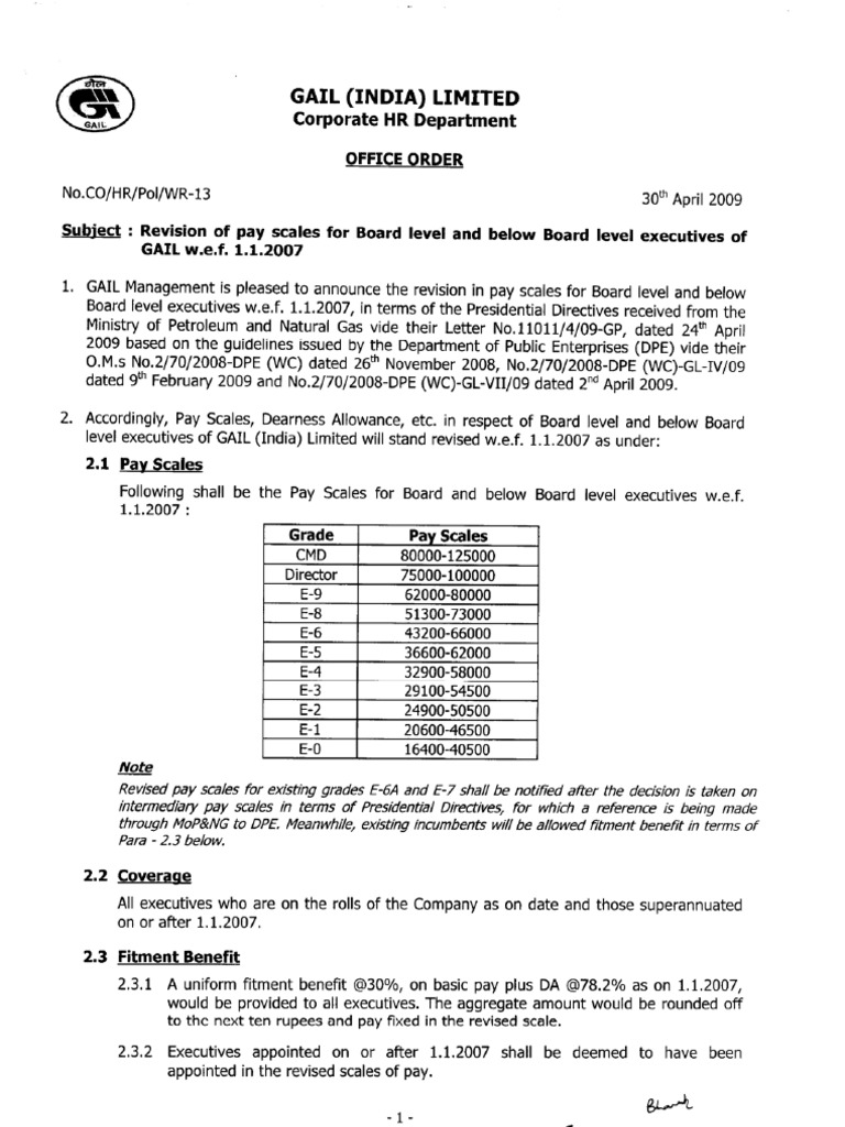 GAIL Pay Scale Revision Effective 2007 | PDF | Pension | Working Conditions