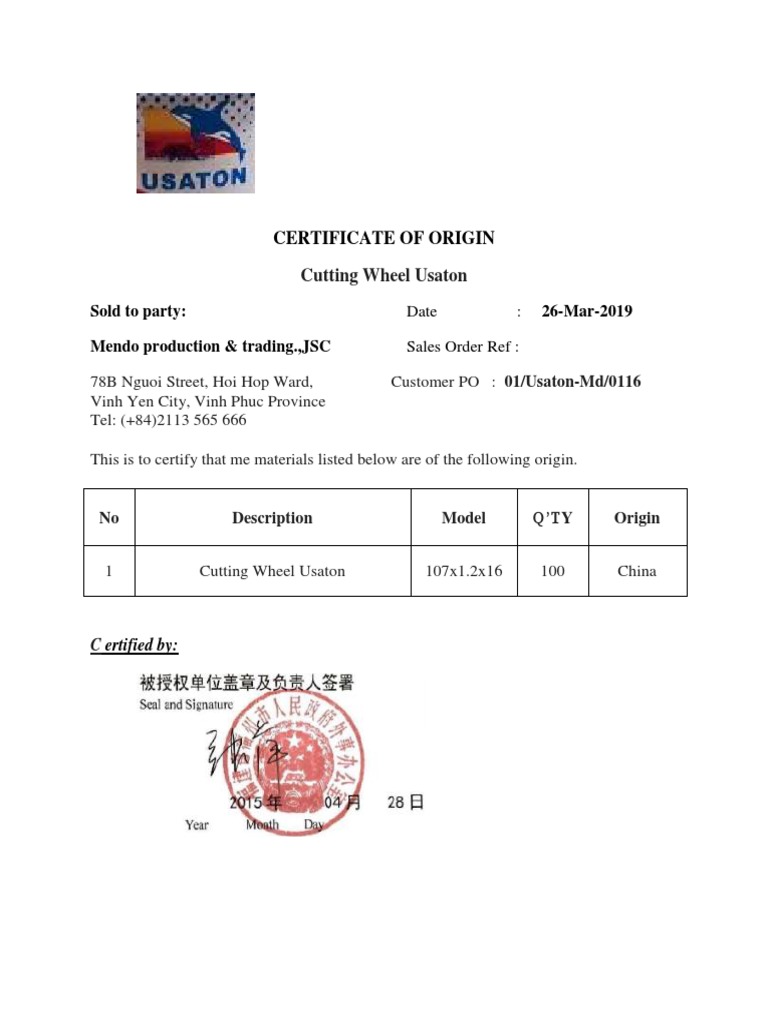 Certificate of Origin for Cutting Wheel | PDF