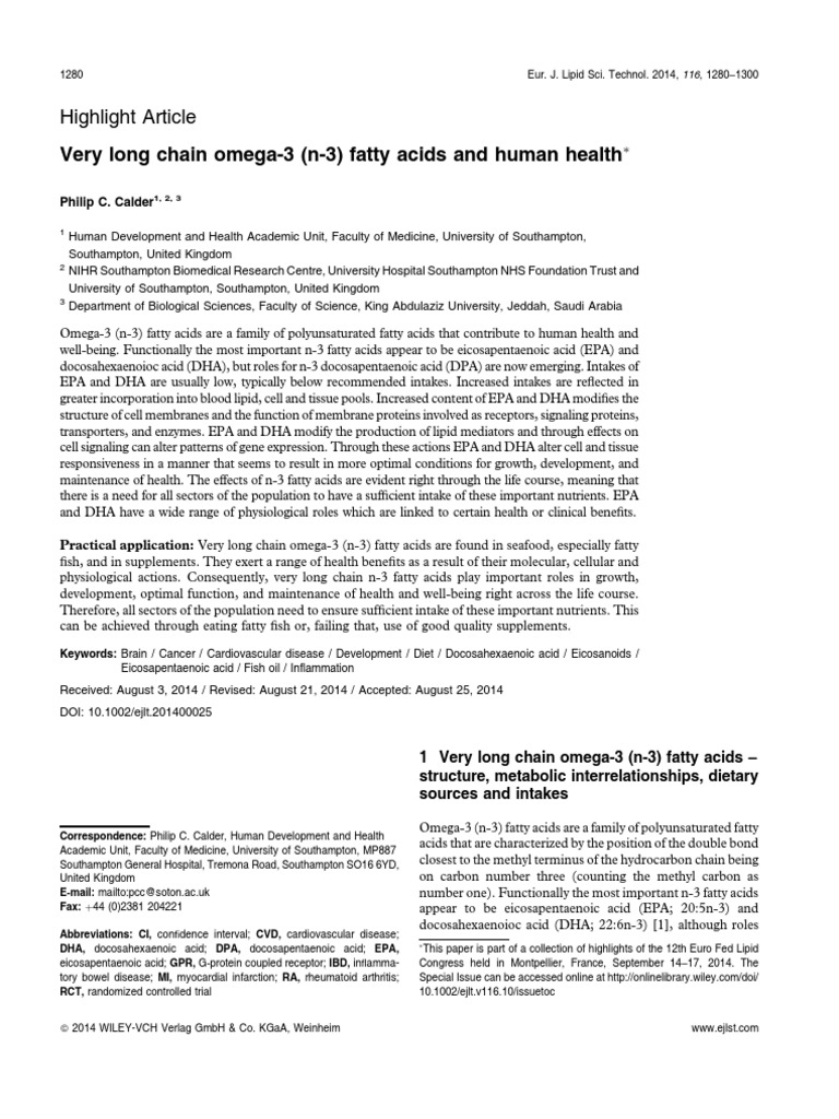 Highlight Article Very Long Chain Omega 3 (N 3) Fatty Acids and Human ...