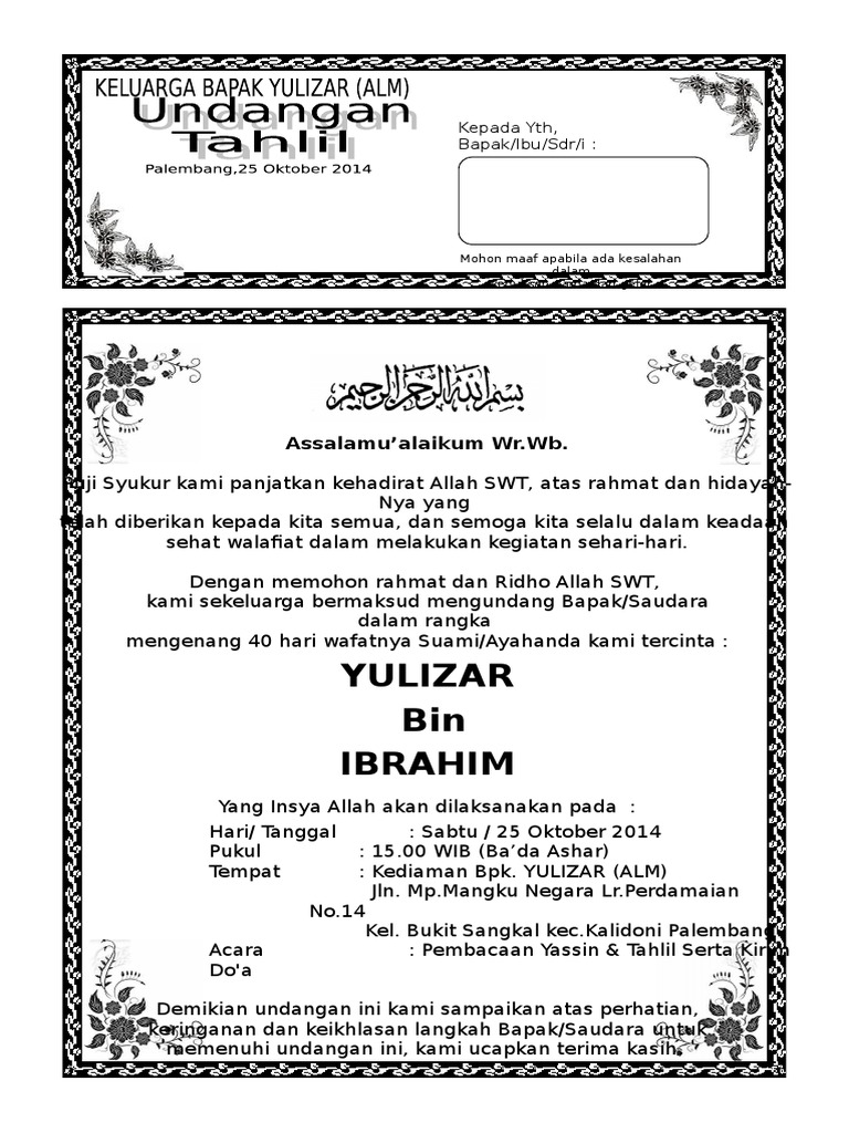 Contoh Surat Undangan Tahlil 40 100 1000 Hari Haul