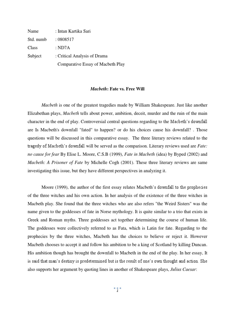Macbeth Fate vs. Free Will PDF Macbeth Destiny