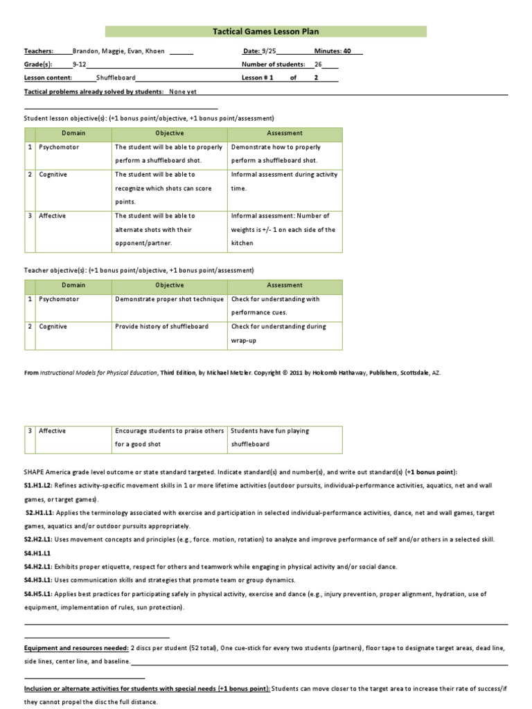 Tactical Games Lesson Plan | PDF | Psychology | Psychological Concepts