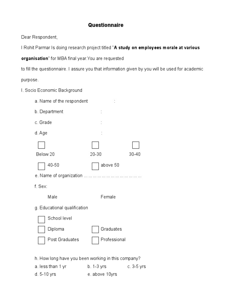 Employee Morale Survey Questionnaire | PDF | Behavior Modification ...