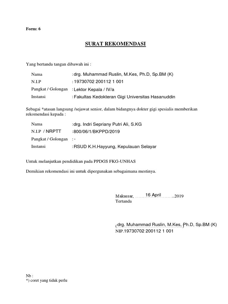 Surat Rekomendasi PPDGS FKG-UNHAS | PDF