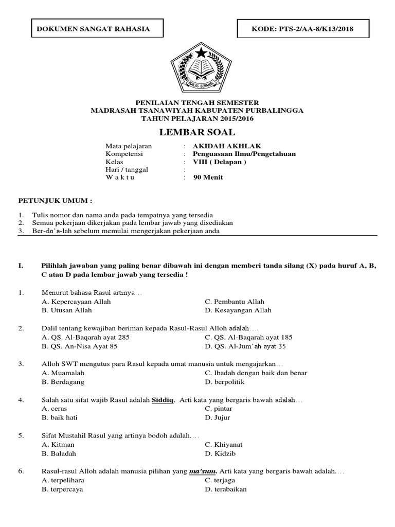 2 Soal Aa Kelas Viii Pts