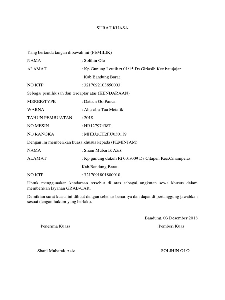 Contoh Surat Kuasa Mobil Untuk Grabcar Kumpulan Contoh Surat