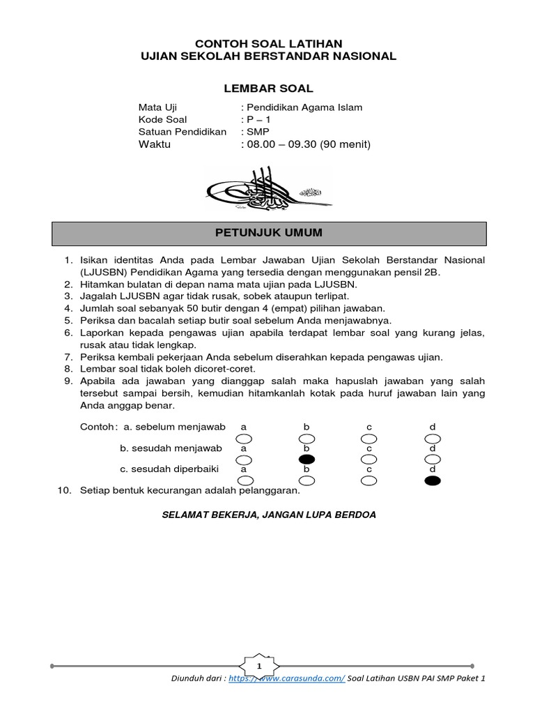 Soal P1 Latihan Usbn Pai Smp 1 1 Docx
