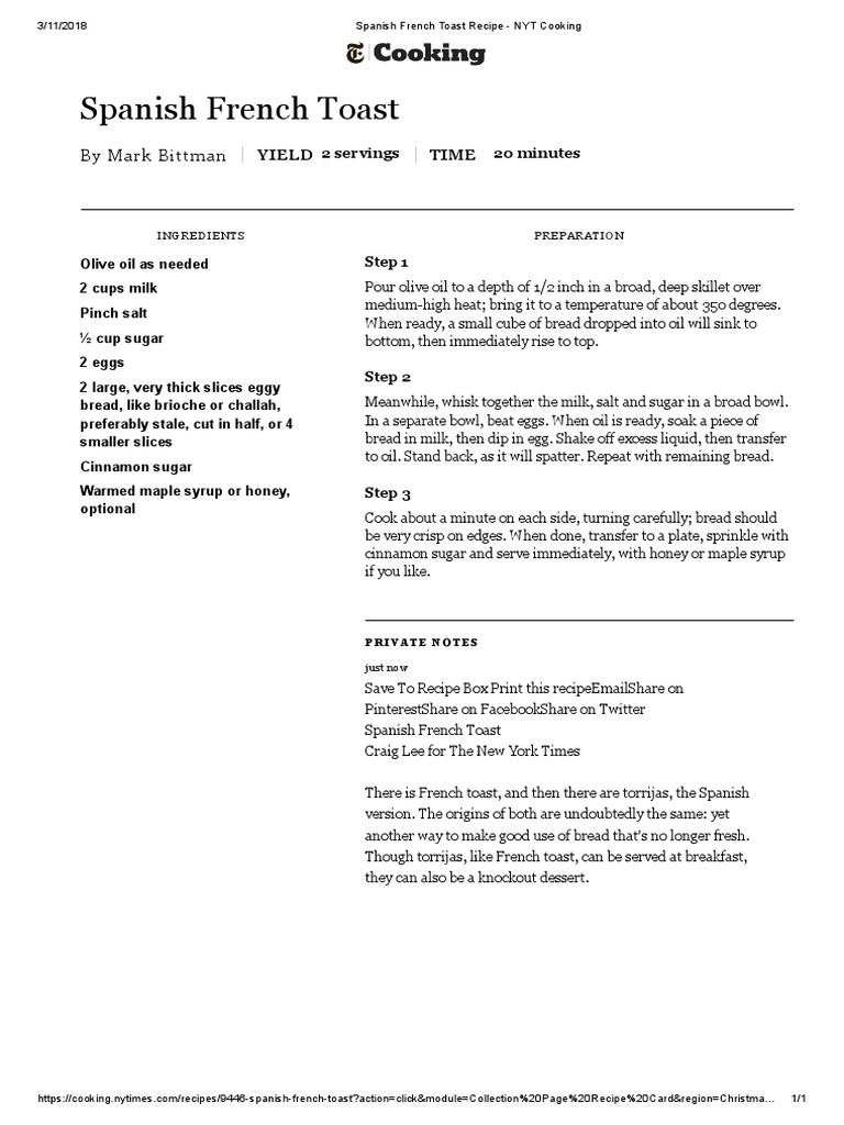 Spanish French Toast Recipe NYT Cooking PDF Foods Prepared Foods