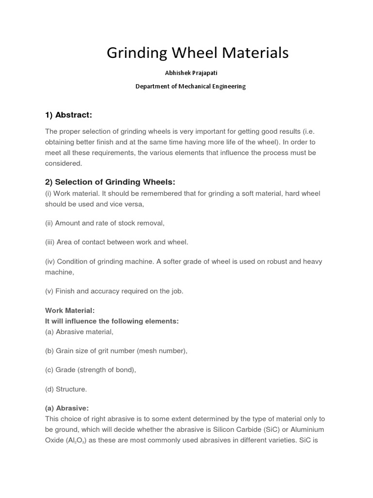 Selection of Grinding Wheels PDF Abrasive Grinding (Abrasive Cutting)