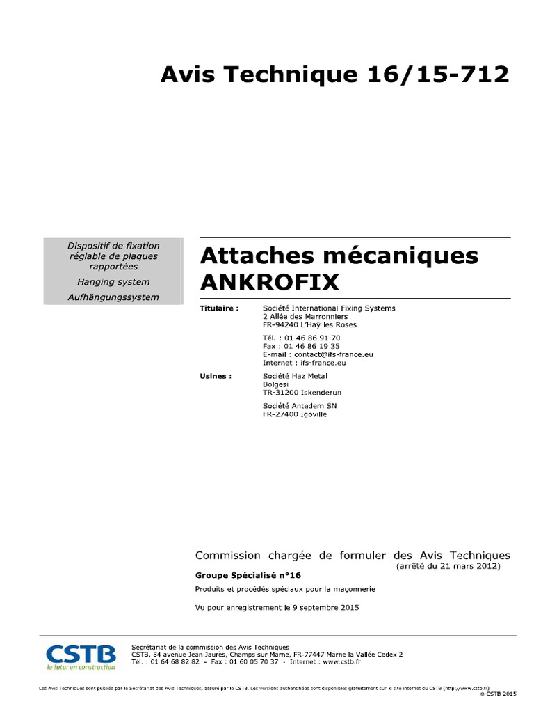 Avis Technique AT16-15.712 ANKROFIX PDF | PDF