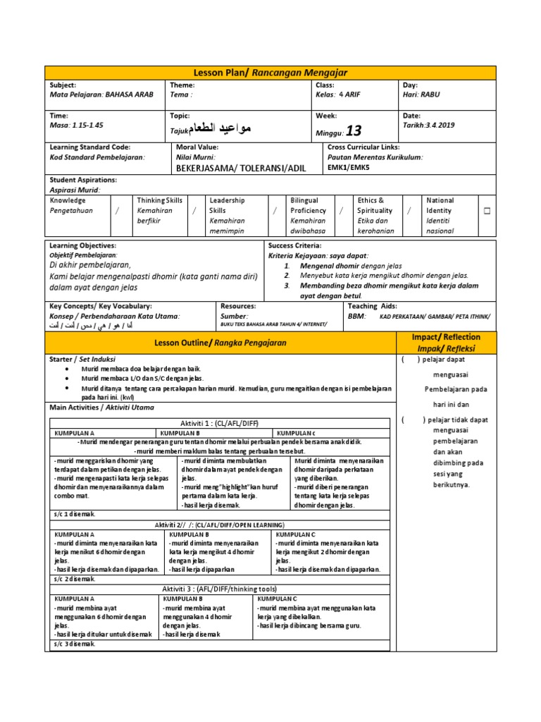 Contoh Lesson Plan Bahasa Arab Pdf