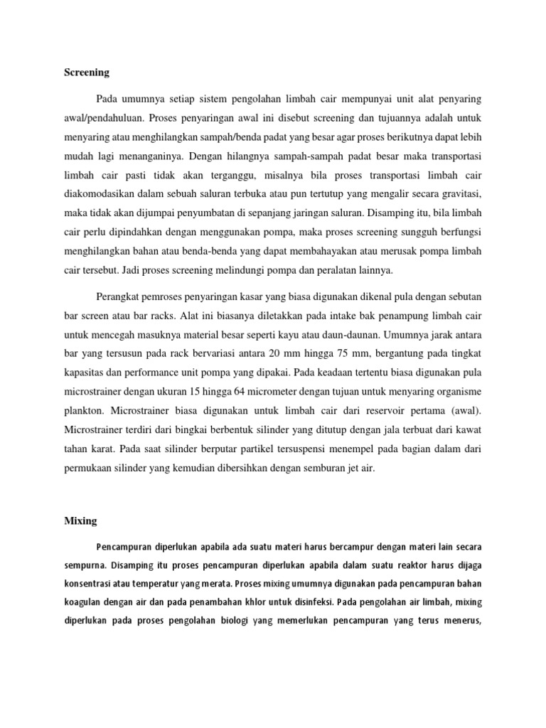 Proses Screening dan Mixing Limbah Cair | PDF