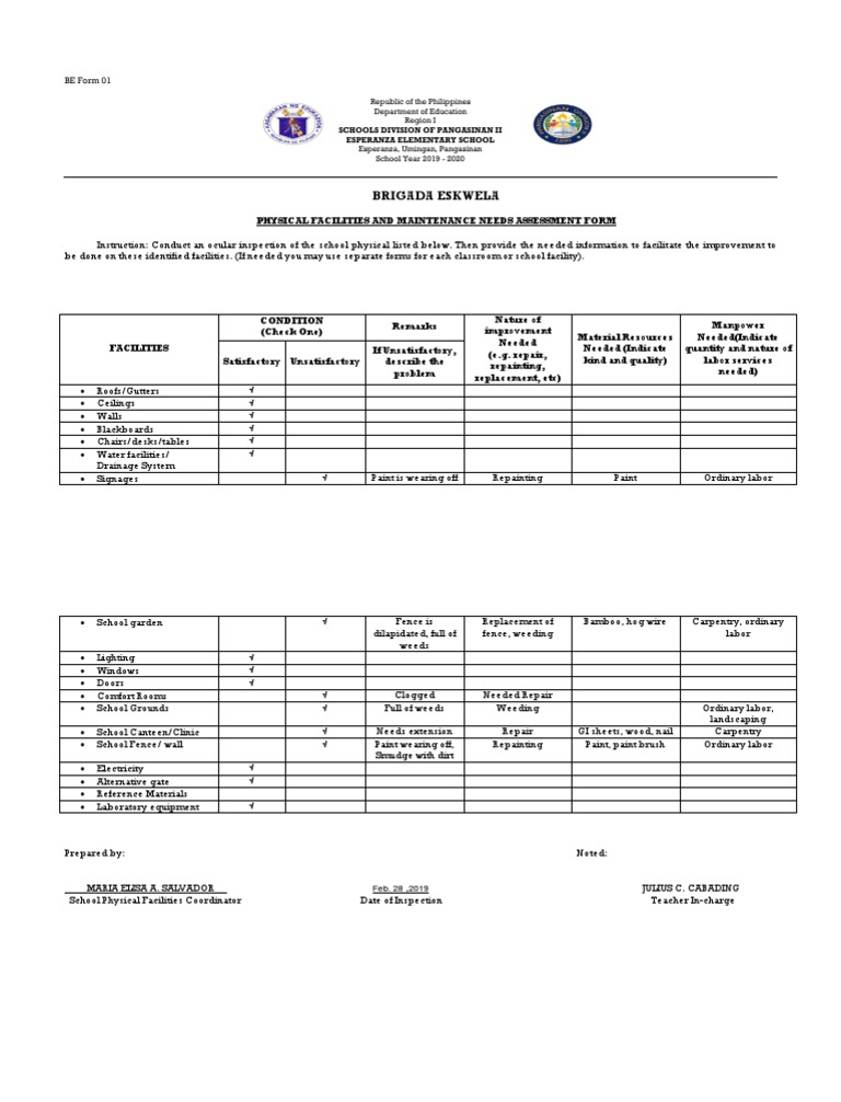 Brigada Eskwela Facilities Assessment Form | PDF | Building Engineering