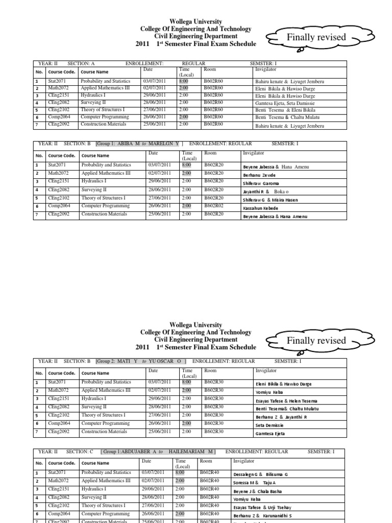 Civil Eng. Exam Schedule | PDF | Academic Term | Engineering