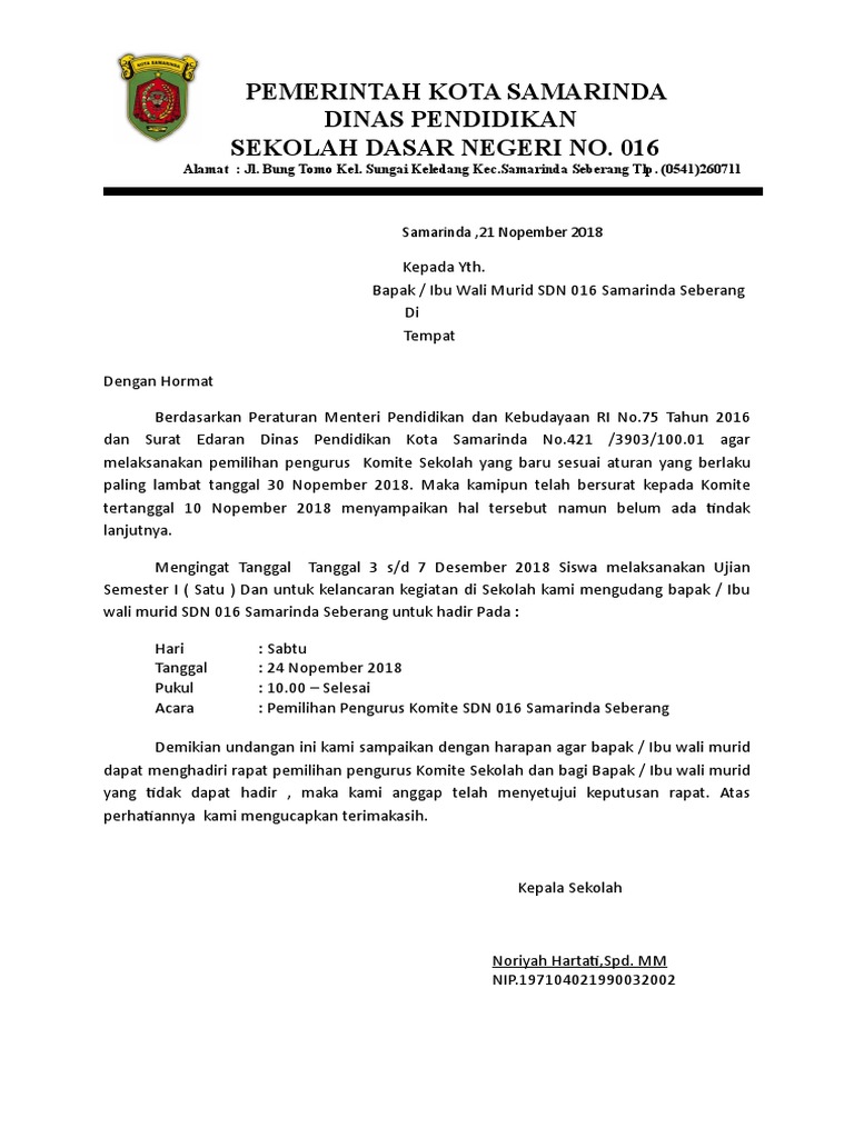 Contoh Surat Undangan Rapat Komite Sekolah Untuk Wali Murid Nusagates