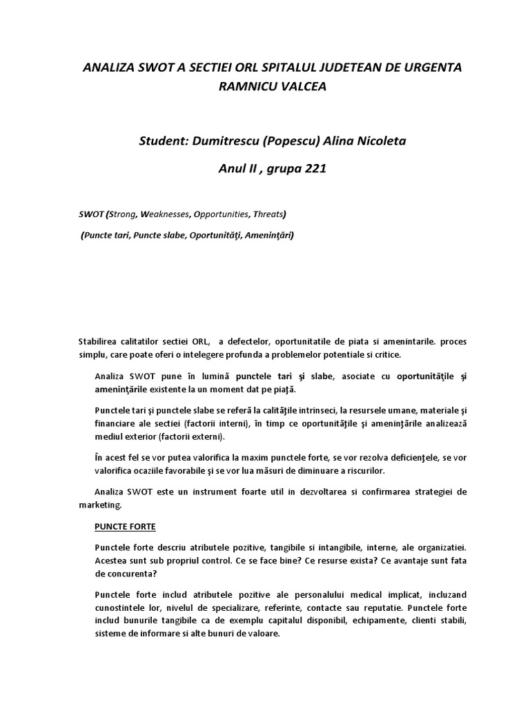 Analiza Swot A Sectiei Orl | PDF