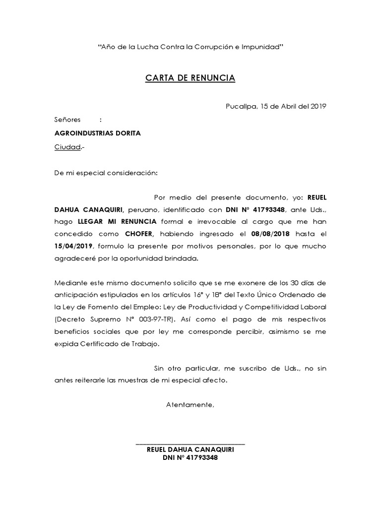Carta de Renuncia Perú Política