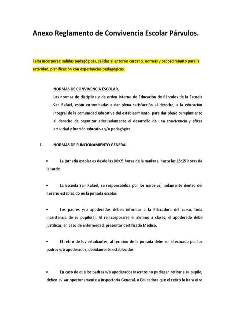 Reglamento de Convivencia Escolar Párvulos | PDF | Educación de la ...