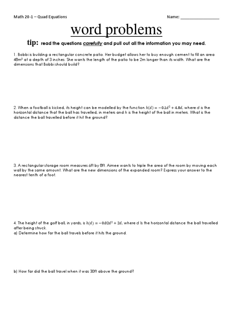 Quad Equations Word Problems Guide | PDF