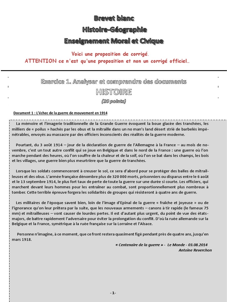 BREVET BLANC 2019 La Corrrection  Première guerre mondiale  Politique