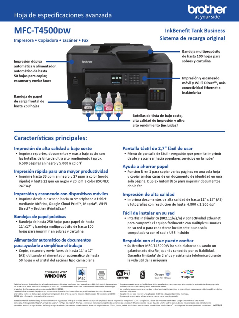 MFC-T4500DW Advance Spec Sheet Spanish | PDF | Impresora (Computación ...