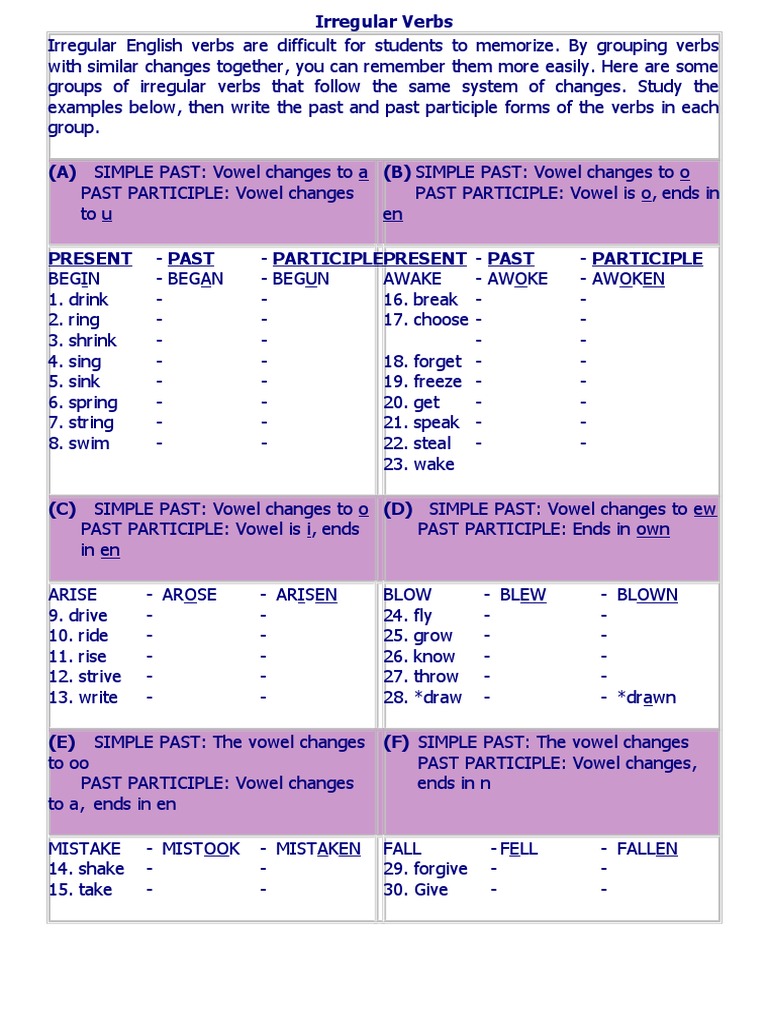 Irregular Verbs and Their Patterns | PDF | Linguistic Morphology ...