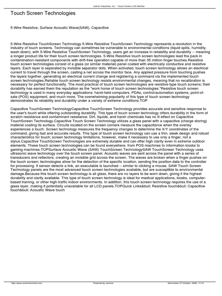 Touch Screen Technologies | PDF | Touchscreen | Computer Monitor