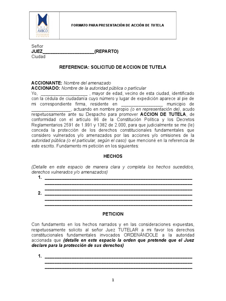 Formato de Acción de Tutela en Colombia | PDF | Ley constitucional | Virtud