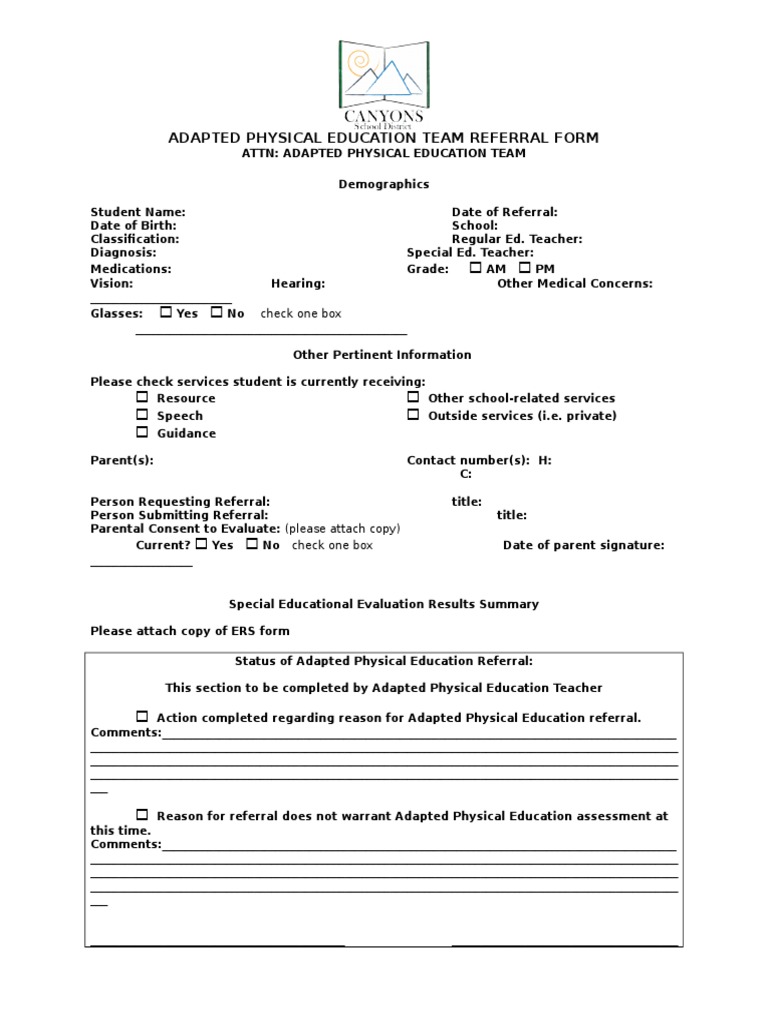 Adapted Physical Education Referral Form 3 | PDF | Physical Education ...
