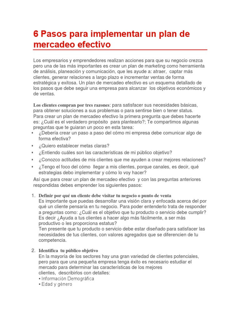 6 Pasos para Implementar Un Plan de Mercadeo Efectivo | PDF | Marketing ...