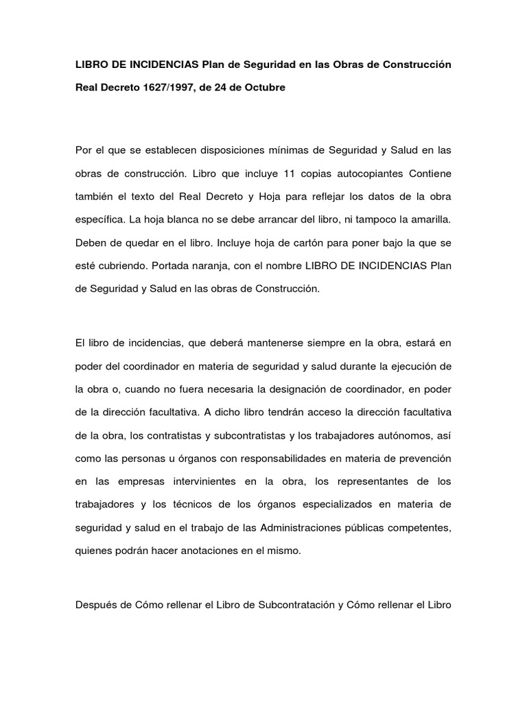LIBRO DE INCIDENCIAS Plan de Seguridad en las Obras de
