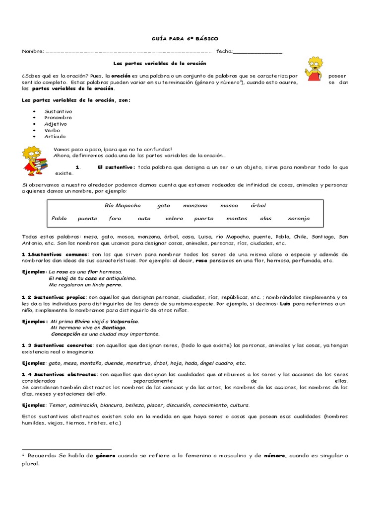 Guía para 6º Básico Partes Variables de La Oracion | PDF | Sustantivo ...