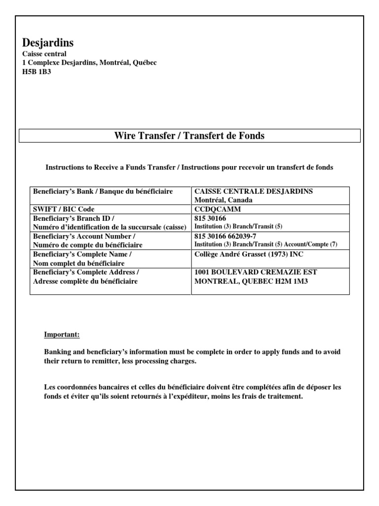 Transfert de fonds Desjardins: Instructions | PDF