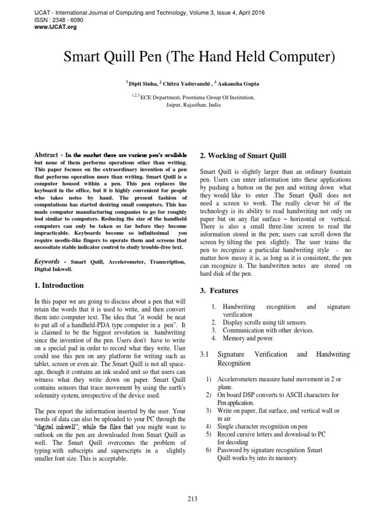 Smart Quill Pen The Hand Held Computer PDF Accelerometer Personal