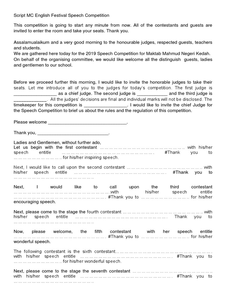 Script Mc English Festival Speech Competition Pdf Leisure Sports
