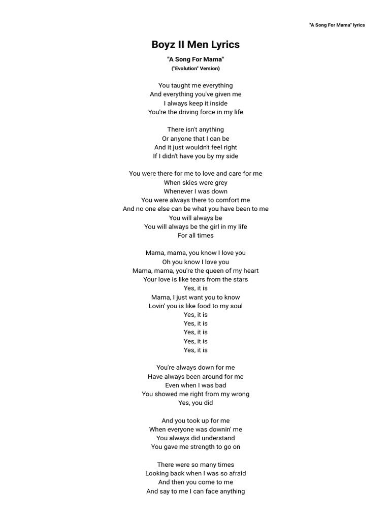 Boyz Ii Men A Song For Mama Lyrics Azlyrics Com Pdf Recorded Music Songs