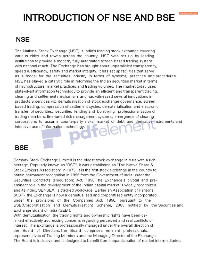 Overview of NSE and BSE Objectives | PDF | Stocks | Financial Markets