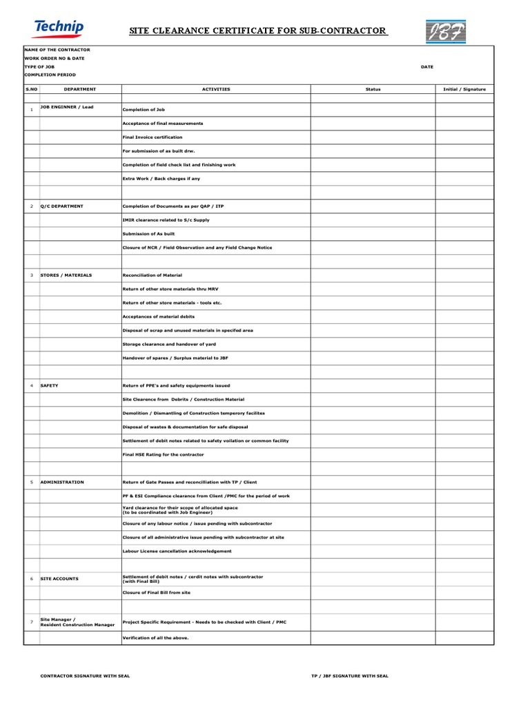 Site Clearance Certificate for Sub-Contractor | PDF | Economic Sectors ...