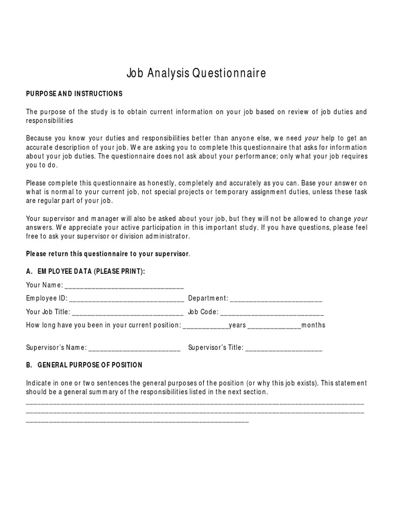 Job Analysis Questionnaire PDF | Download Free PDF | Questionnaire ...