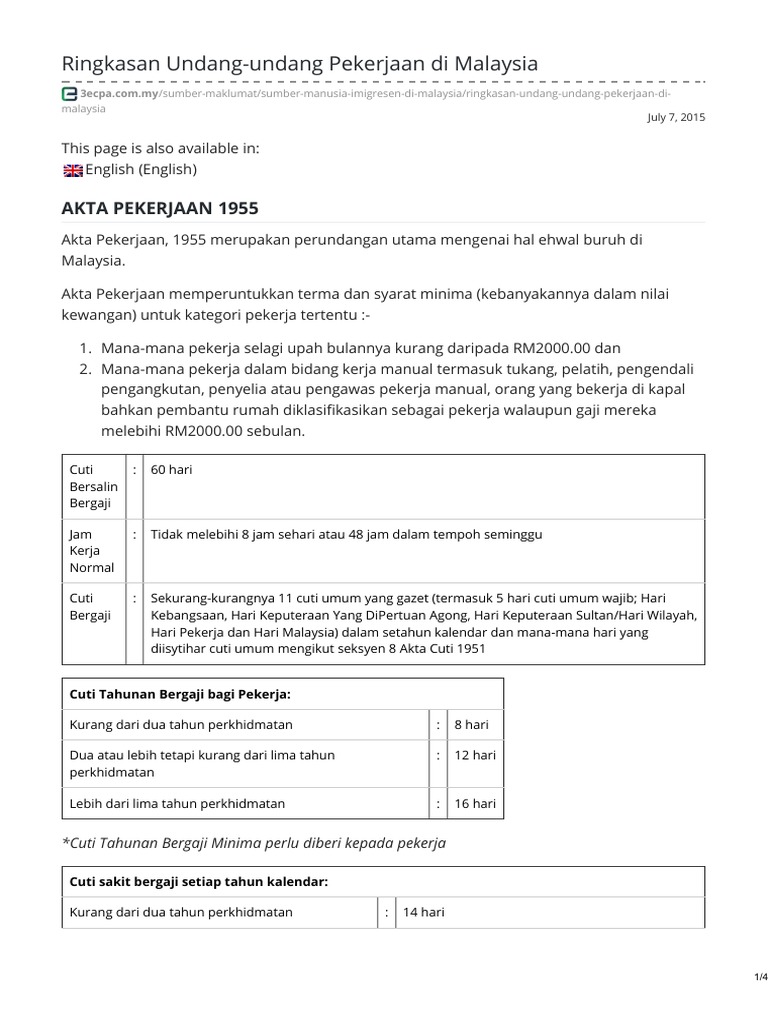 Ringkasan Undang Undang Pekerjaan Di Malaysia Pdf Pdf