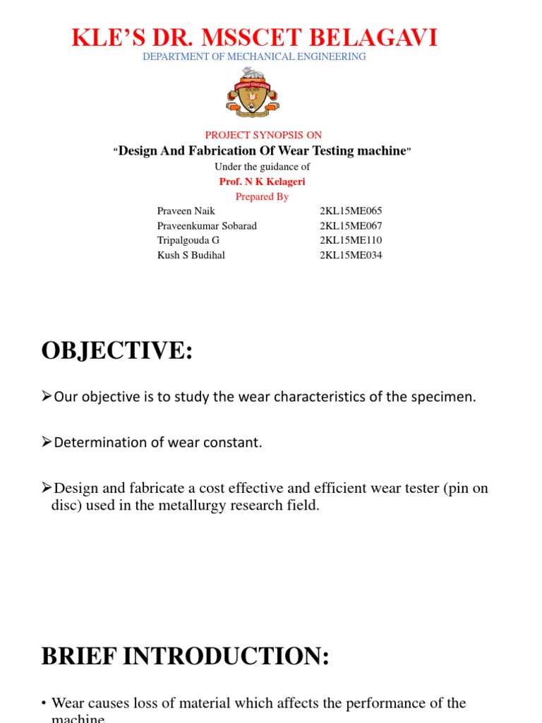 Kle'S Dr. Msscet Belagavi: Design and Fabrication of Wear Testing ...