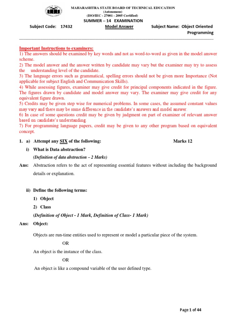 OOP Model Answer for Summer 2014 Exam | PDF | Object Oriented ...